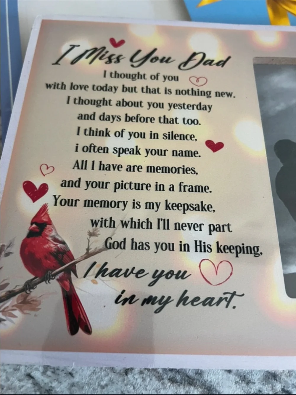 I Miss You Dad Memorial Photo Frame Quote and Cardinal NIB